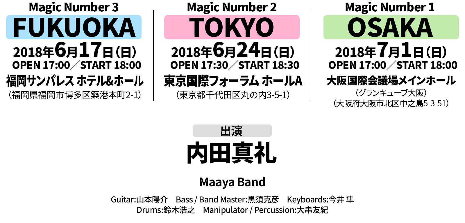 Magic Number 3 FUKUOKA
                                                                     日時　2018年6月17日(日)　OPEN 17:00／START 18:00
                                                                     会場　福岡サンパレス ホテル&ホール（福岡県福岡市博多区築港本町2-1）

                                                                     Magic Number 2 TOKYO
                                                                     日時　2018年6月24日(日)　OPEN 17:30／START 18:30
                                                                     会場　東京国際フォーラム ホールA（東京都千代田区丸の内3-5-1）

                                                                     Magic Number 1 OSAKA
                                                                     日時　2018年7月1日(日)　OPEN 17:00／START 18:00
                                                                     会場　大阪国際会議場メインホール（グランキューブ大阪）（大阪府大阪市北区中之島5-3-51）

                                                                     出演　内田真礼、Maaya Band
                                                                     Guitar:山本陽介　Bass / Band Master:黒須克彦　Keyboards:今井 隼
                                                                     Drums:鈴木浩之　Manipulator / Percussion:大串友紀
                                                                     